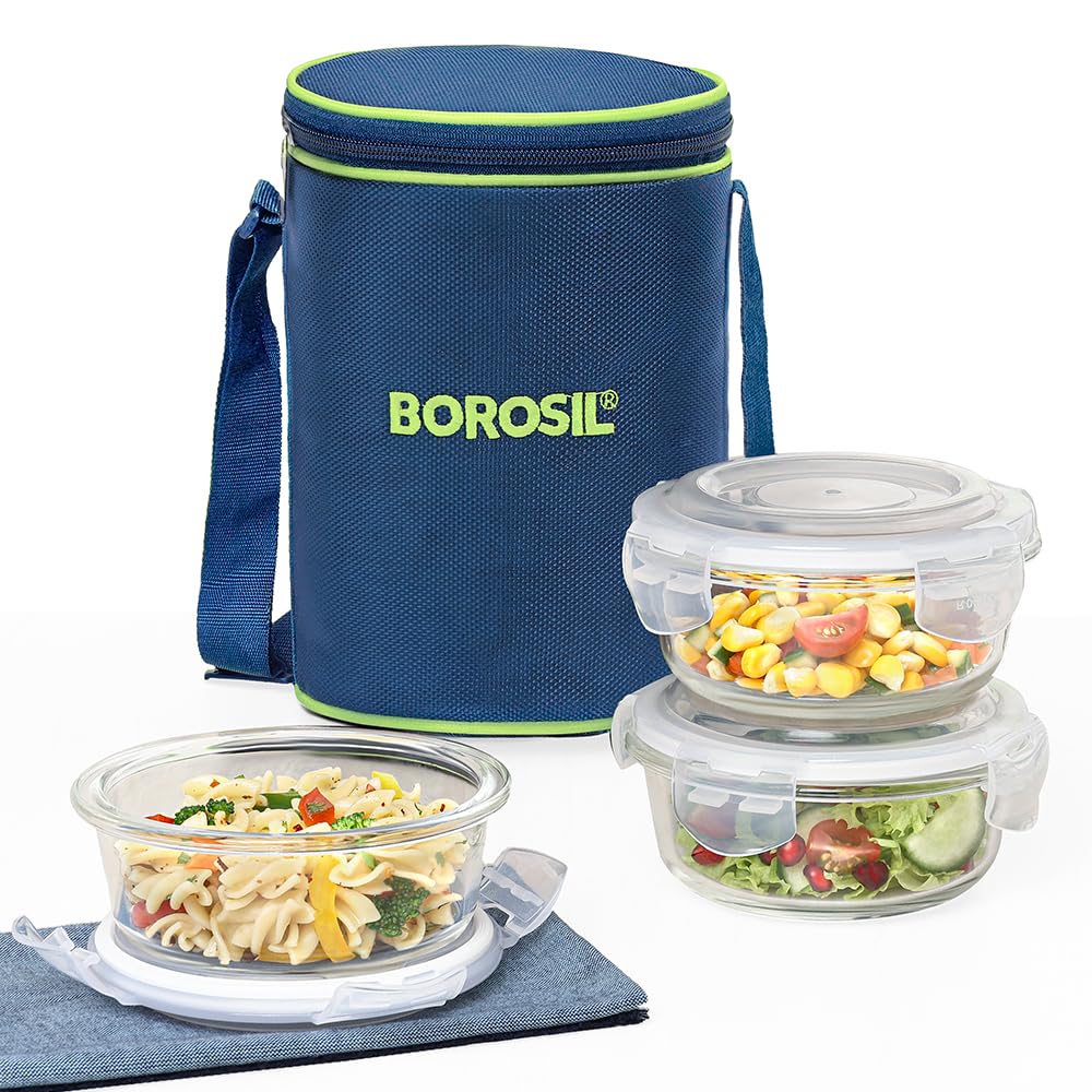Borosil Klip n Store 400ml x 3 Round Container Lunchbox | Made in India Borosilicate Glass | Microwave & Dishwasher Safe | Tiffin for Office/School/College (Copy)